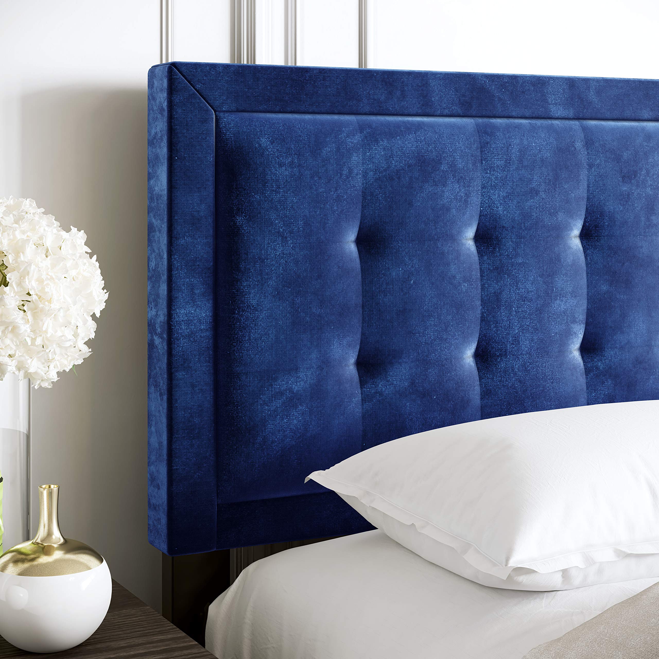 Boyd Sleep Pisa Upholstered Button Tufted Platform Bed Frame Mattress Foundation With Headboard And Strong Wood Slat Supports: Velour, Blue, King (Psbu964Ek)